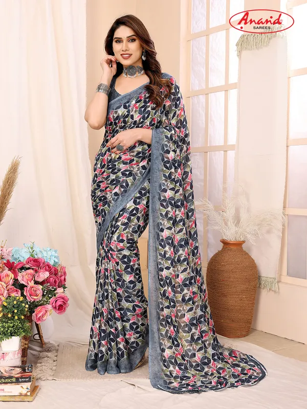 Printed,_Geometric_Print_Bandhani_Georgette_Saree???(Blue,_Black)
