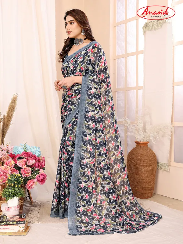 Printed,_Geometric_Print_Bandhani_Georgette_Saree???(Blue,_Black)