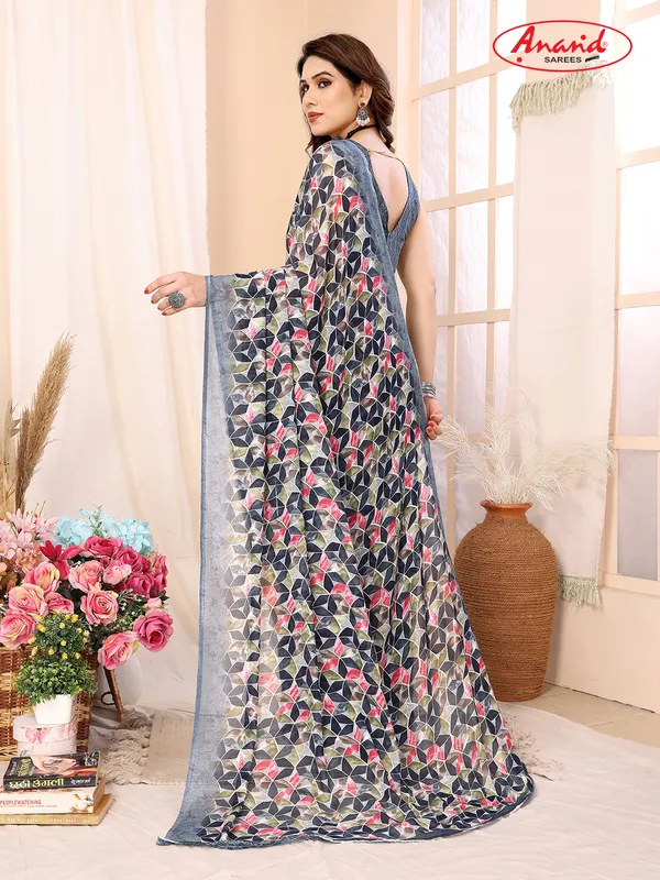 Printed,_Geometric_Print_Bandhani_Georgette_Saree???(Blue,_Black)