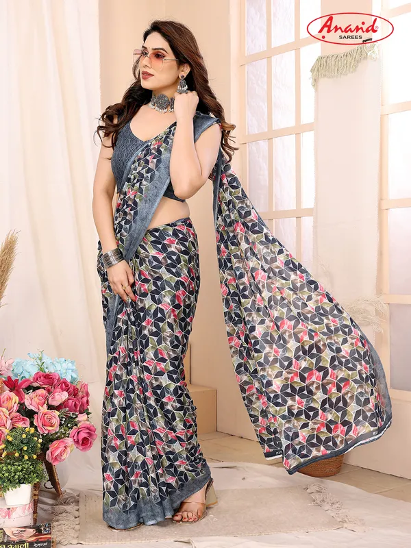 Printed,_Geometric_Print_Bandhani_Georgette_Saree???(Blue,_Black)