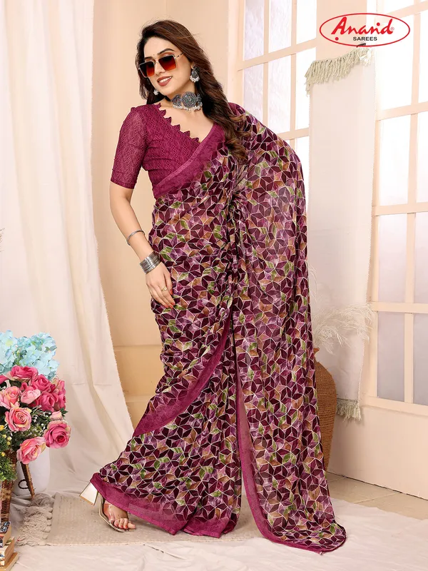 Printed,_Geometric_Print_Bandhani_Georgette_Saree???(Yellow,_Maroon)