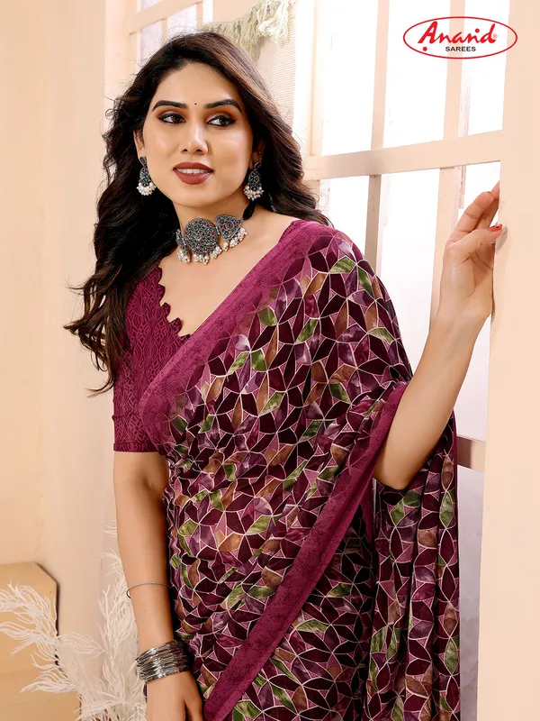 Printed,_Geometric_Print_Bandhani_Georgette_Saree???(Yellow,_Maroon)