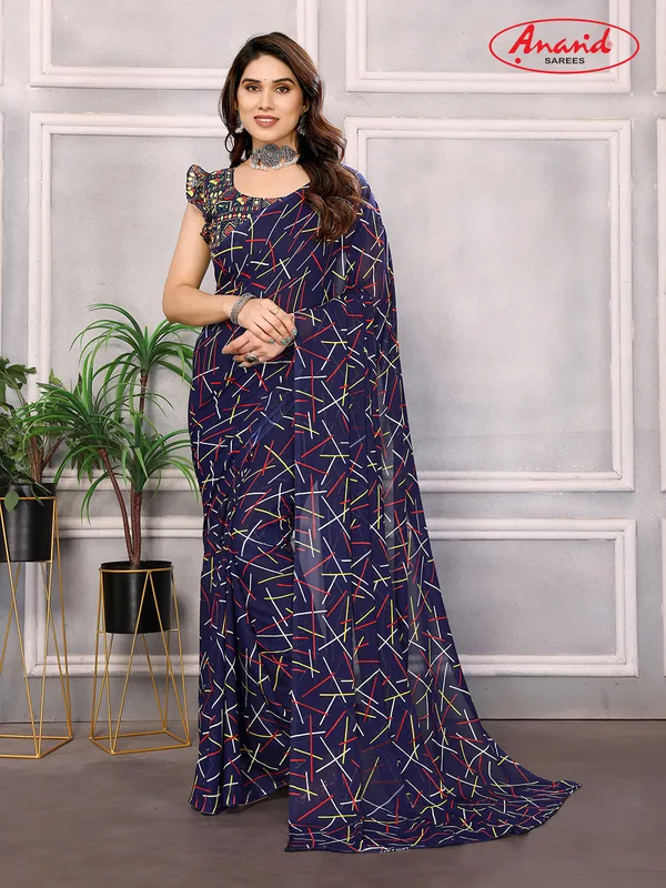 Striped,_Printed_Bollywood_Georgette_Saree_(Dark_Blue)