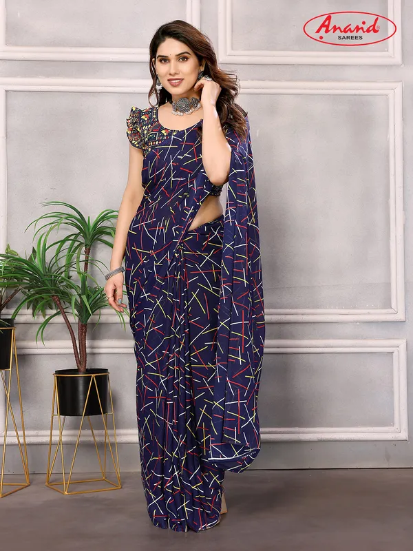 Striped,_Printed_Bollywood_Georgette_Saree_(Dark_Blue)