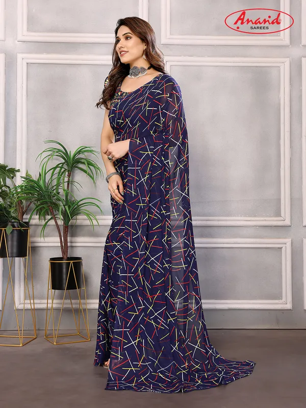 Striped,_Printed_Bollywood_Georgette_Saree_(Dark_Blue)