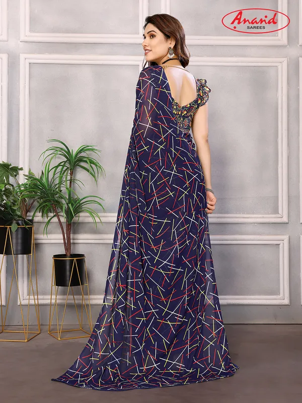 Striped,_Printed_Bollywood_Georgette_Saree_(Dark_Blue)