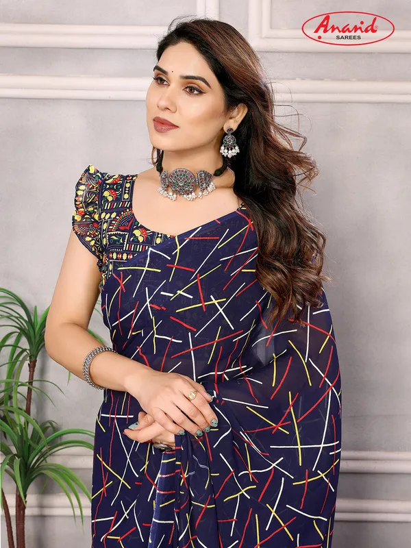 Striped,_Printed_Bollywood_Georgette_Saree_(Dark_Blue)