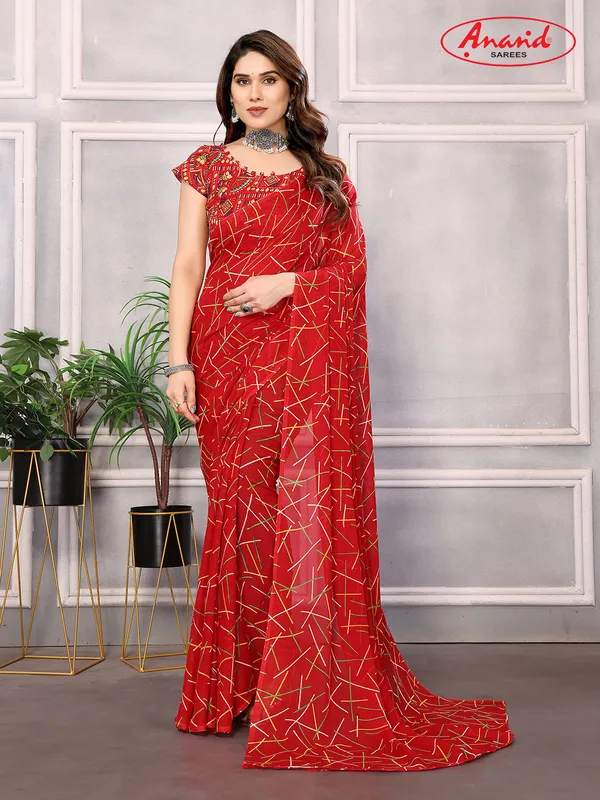 Striped,_Printed_Bollywood_Georgette_Saree_(Red)