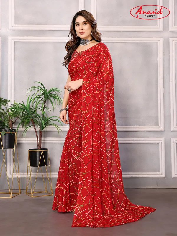 Striped,_Printed_Bollywood_Georgette_Saree_(Red)