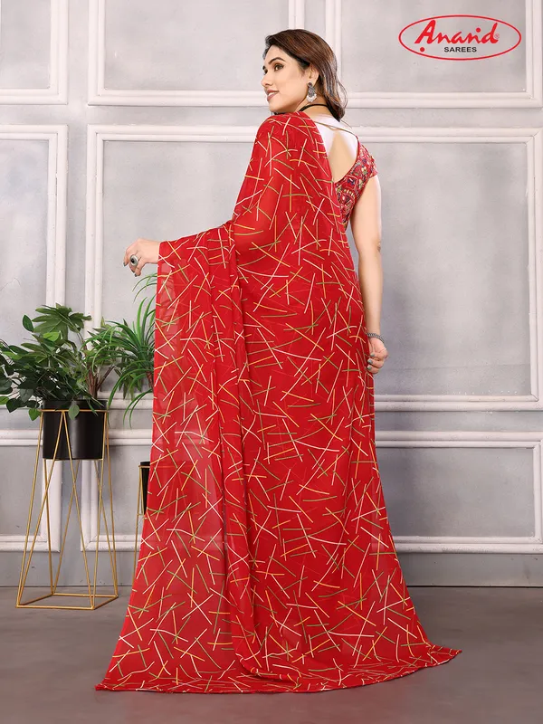 Striped,_Printed_Bollywood_Georgette_Saree_(Red)