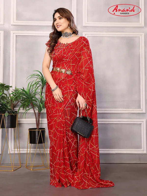 Striped,_Printed_Bollywood_Georgette_Saree_(Red)