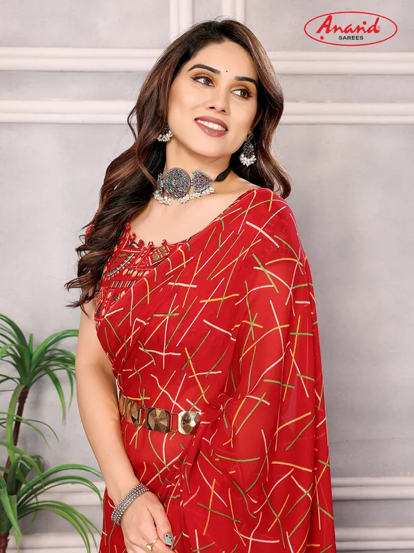 Striped,_Printed_Bollywood_Georgette_Saree_(Red)