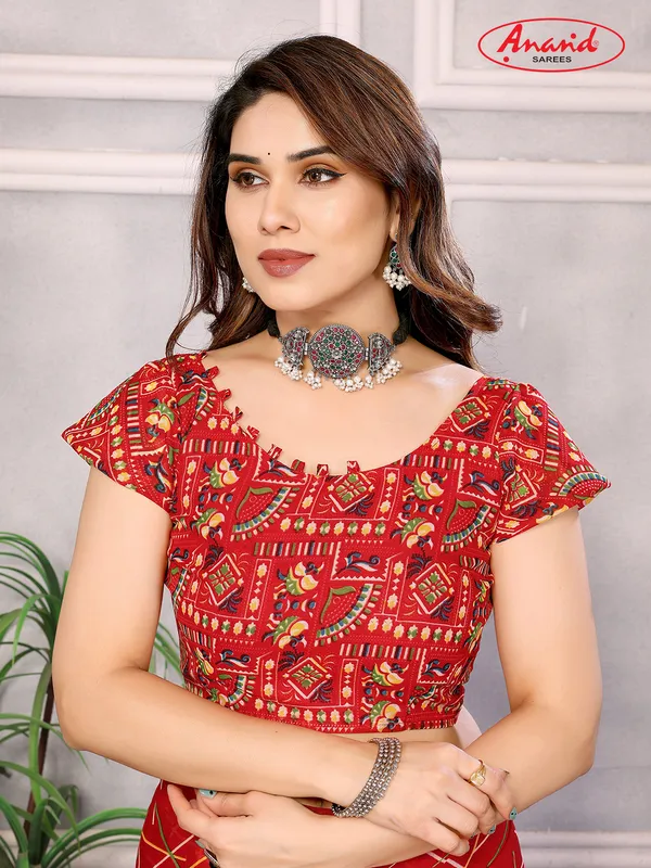 Striped,_Printed_Bollywood_Georgette_Saree_(Red)