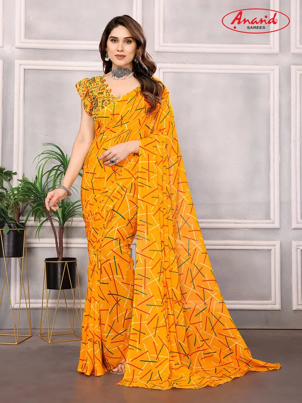 Striped,_Printed_Bollywood_Georgette_Saree_(Yellow)