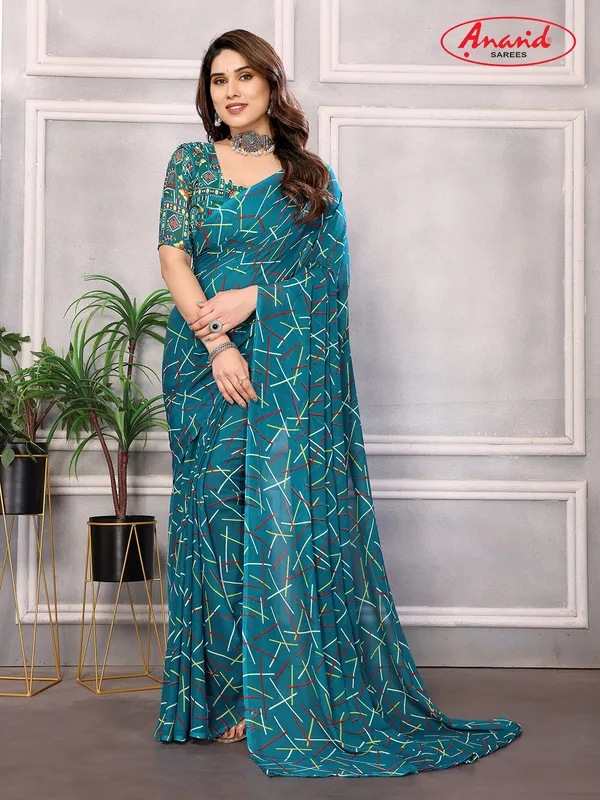 Striped,_Printed_Bollywood_Georgette_Saree_(Blue)