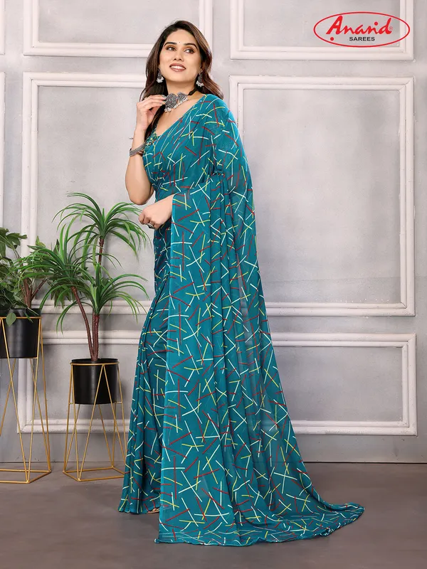 Striped,_Printed_Bollywood_Georgette_Saree_(Blue)