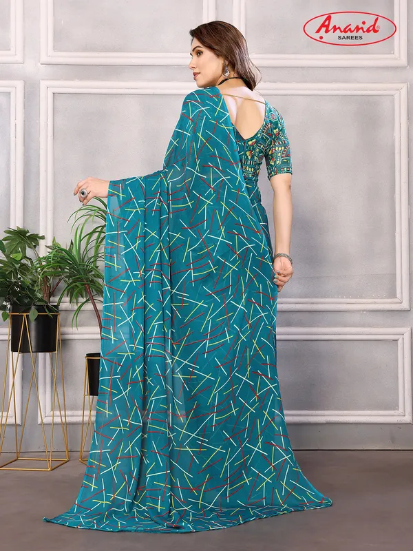 Striped,_Printed_Bollywood_Georgette_Saree_(Blue)
