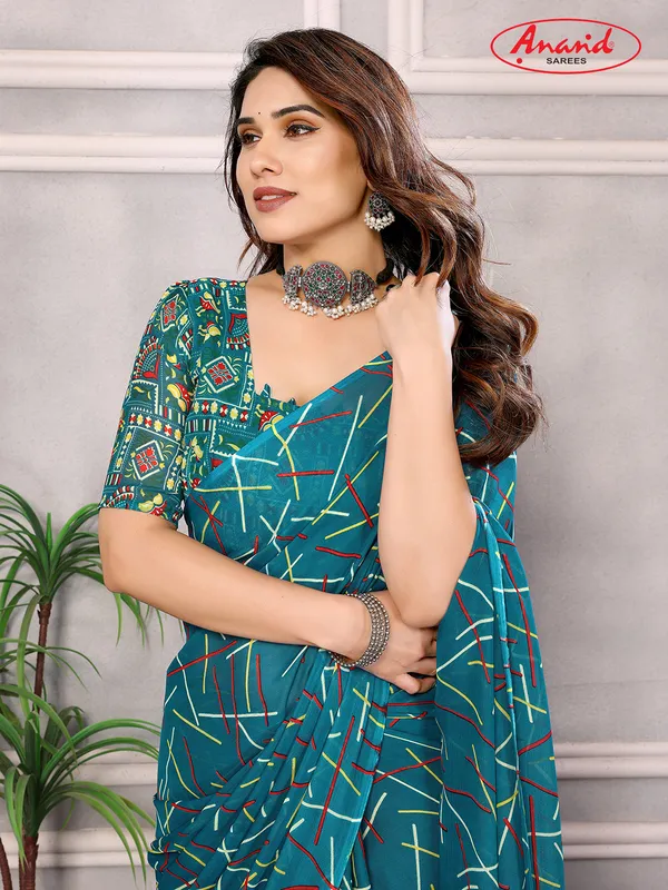 Striped,_Printed_Bollywood_Georgette_Saree_(Blue)