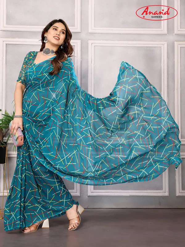 Striped,_Printed_Bollywood_Georgette_Saree_(Blue)