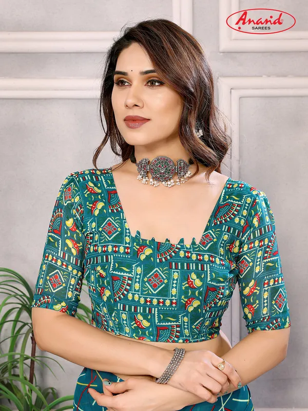 Striped,_Printed_Bollywood_Georgette_Saree_(Blue)