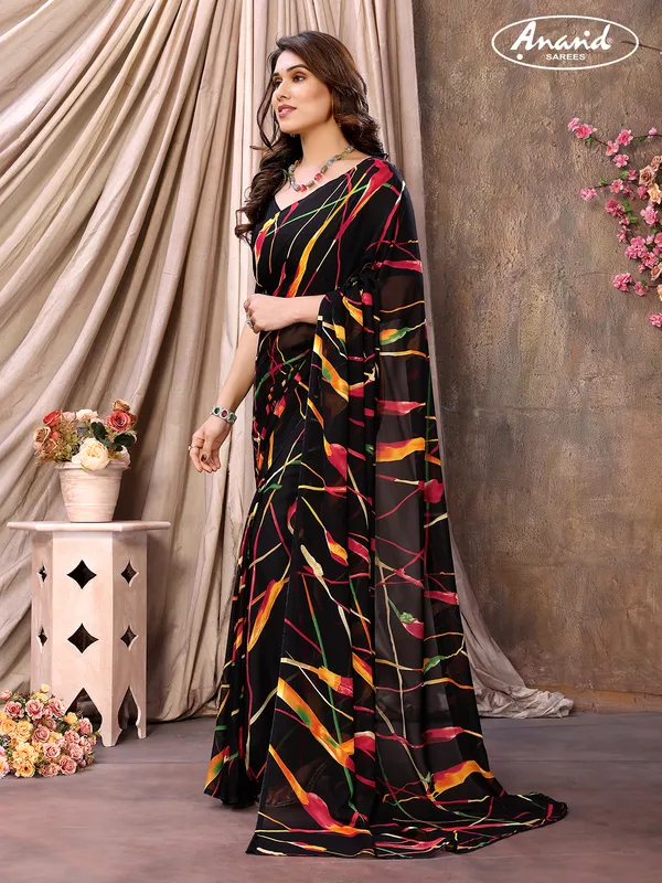 Floral_Print_Daily_Wear_Georgette,_Chiffon_Saree_(Black)