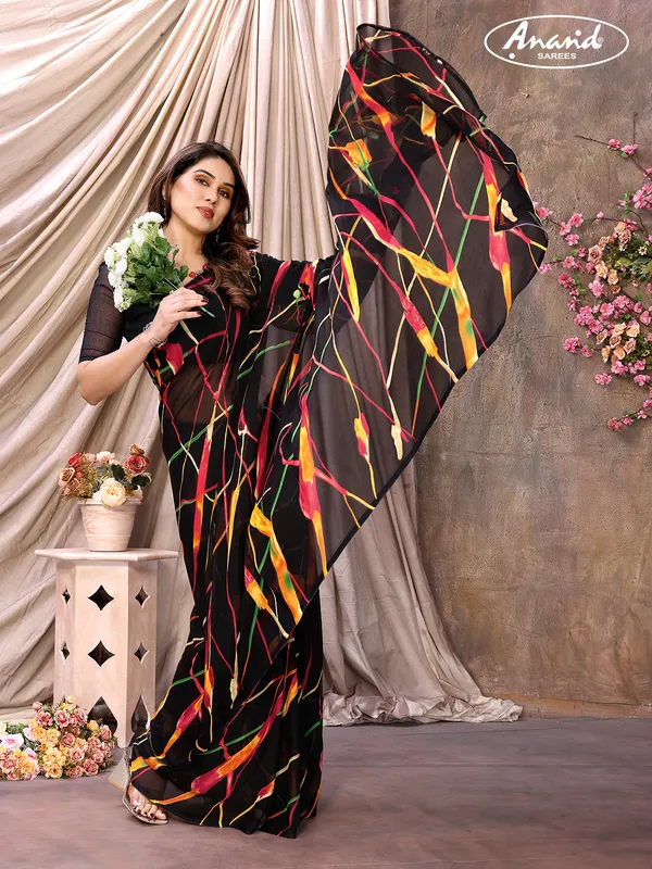 Floral_Print_Daily_Wear_Georgette,_Chiffon_Saree_(Black)