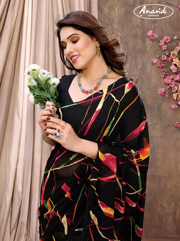 Floral_Print_Daily_Wear_Georgette,_Chiffon_Saree_(Black)