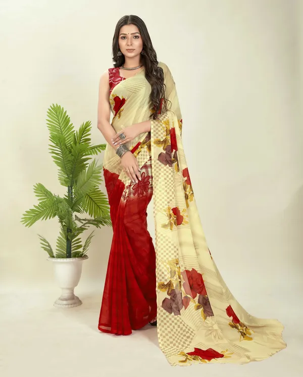 Pink_&_Cream_Sarees_Floral_Print_Daily_Wear_Georgette_Saree