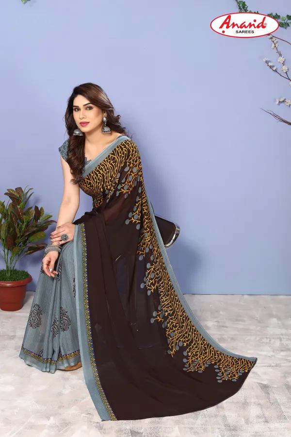 Brown_&_Grey_Sarees_Floral_Print_Daily_Wear_Georgette_Saree