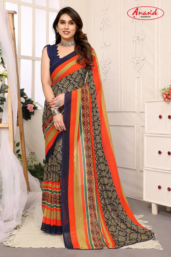 Printed,_Paisley,_Striped_Bollywood_Georgette_Saree_(Blue)