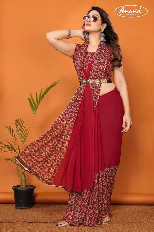 Printed,_Paisley_Daily_Wear_Georgette_Saree_(Red)
