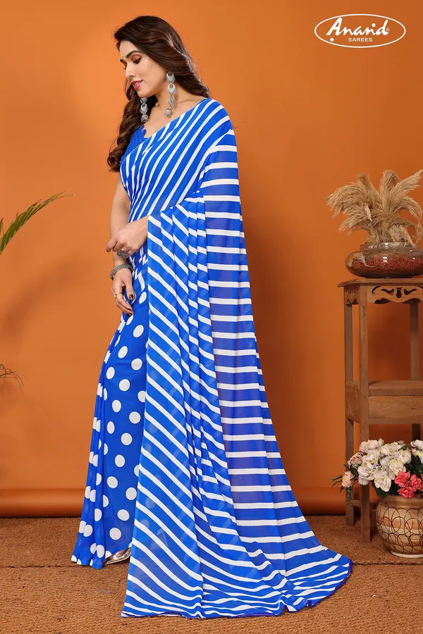 Striped,_Polka_Print_Daily_Wear_Georgette_Saree_(Dark_Blue)