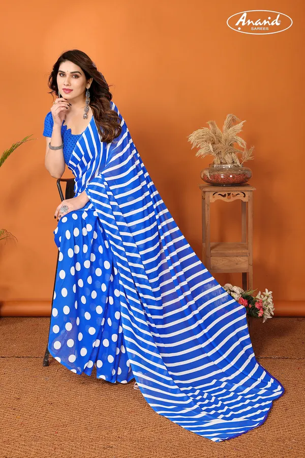 Striped,_Polka_Print_Daily_Wear_Georgette_Saree_(Dark_Blue)
