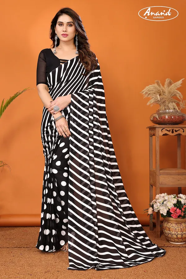 Striped,_Polka_Print_Daily_Wear_Georgette_Saree_(Black)
