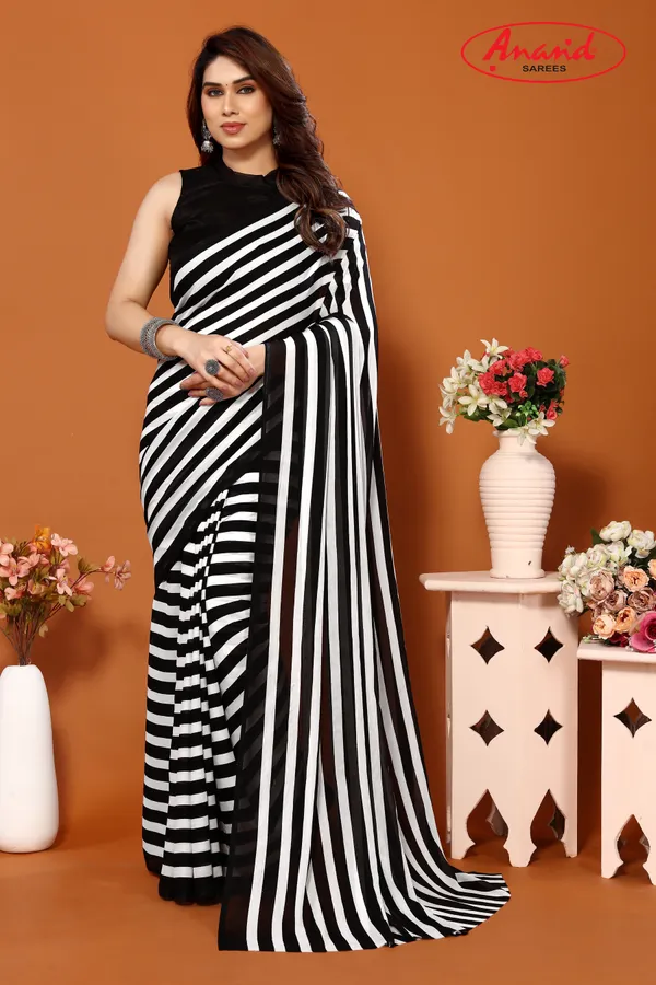 Striped,_Printed_Daily_Wear_Georgette_Saree_(Black,_White)
