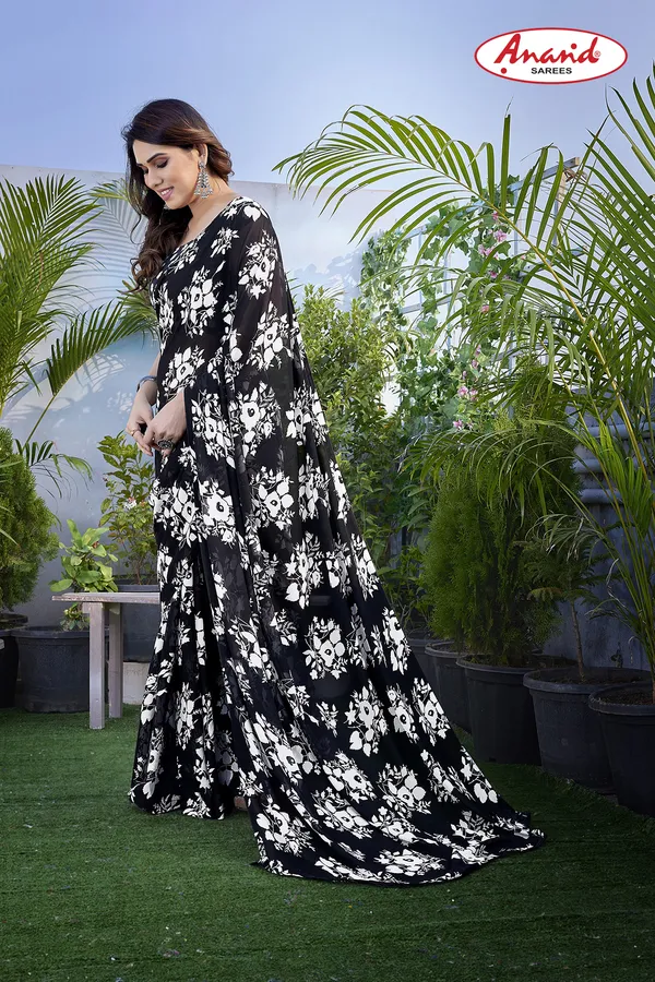 Black_Sarees_Floral_Print_Daily_Wear_Georgette_Saree