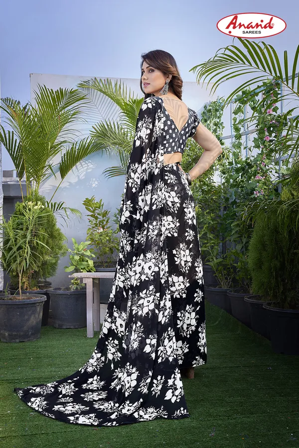 Black_Sarees_Floral_Print_Daily_Wear_Georgette_Saree