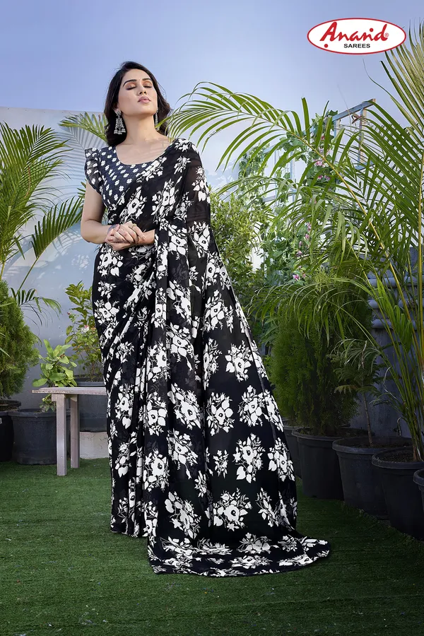 Black_Sarees_Floral_Print_Daily_Wear_Georgette_Saree
