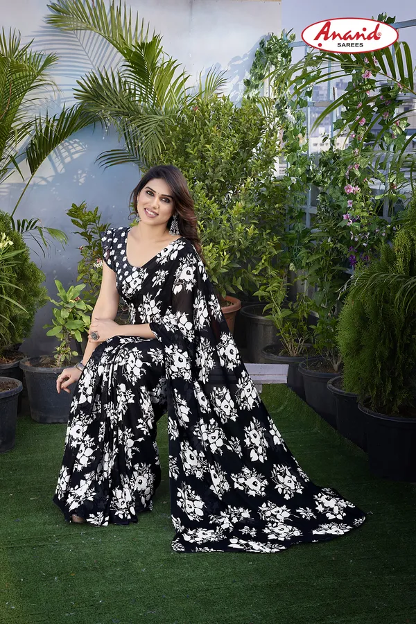 Black_Sarees_Floral_Print_Daily_Wear_Georgette_Saree