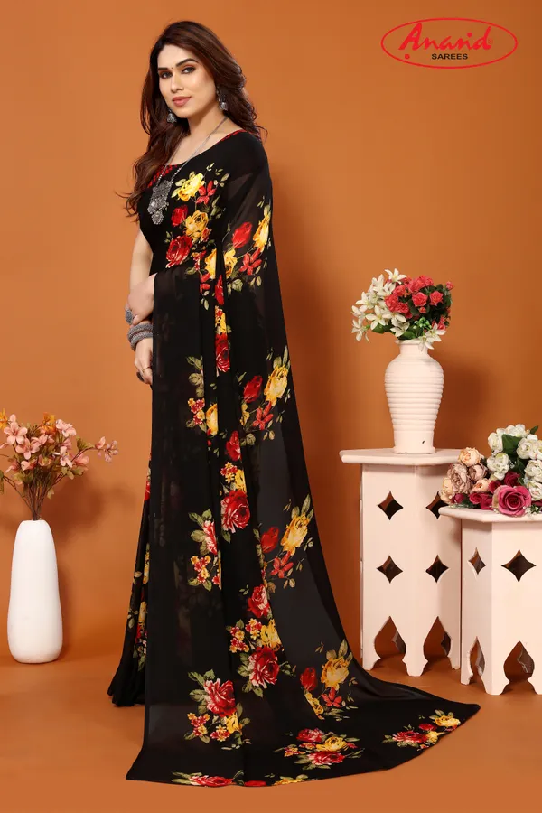 Black_Sarees_Floral_Print_Daily_Wear_Georgette_Saree