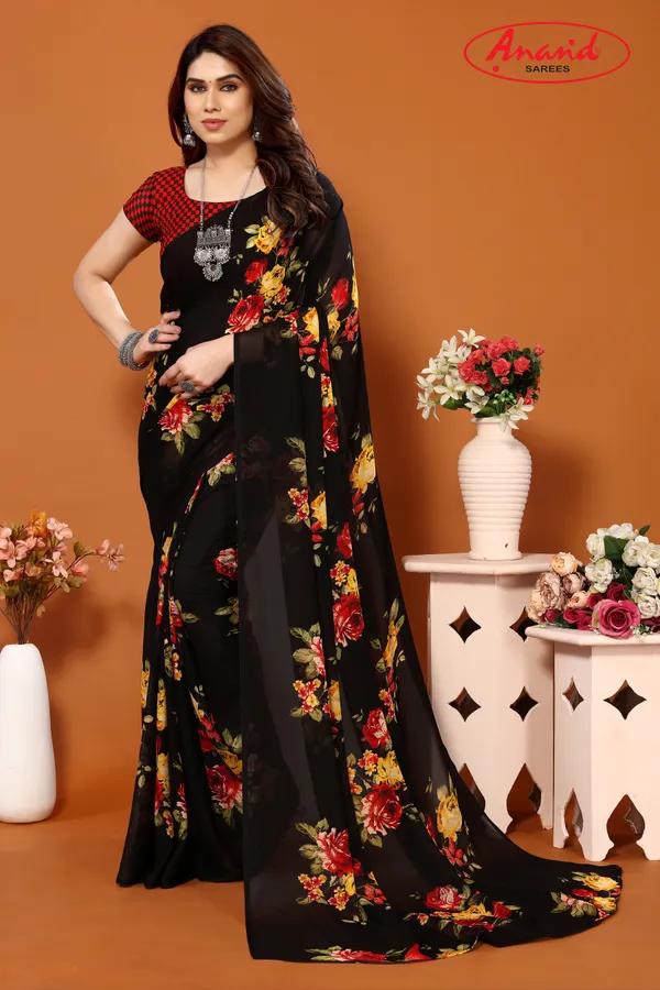Black_Sarees_Floral_Print_Daily_Wear_Georgette_Saree