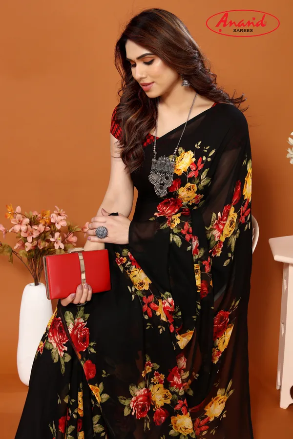 Black_Sarees_Floral_Print_Daily_Wear_Georgette_Saree