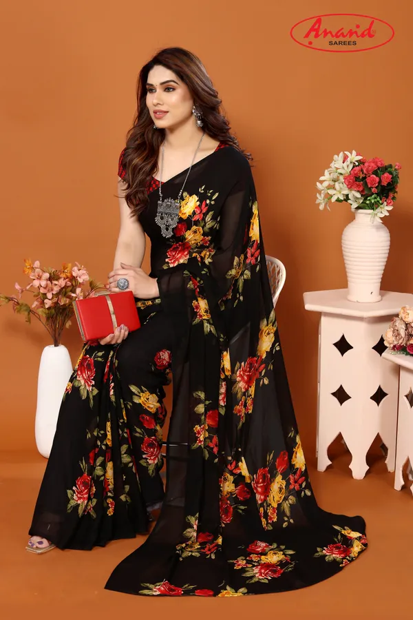 Black_Sarees_Floral_Print_Daily_Wear_Georgette_Saree