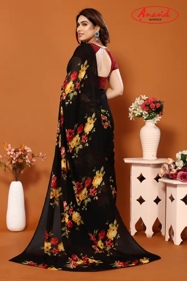 Black_Sarees_Floral_Print_Daily_Wear_Georgette_Saree