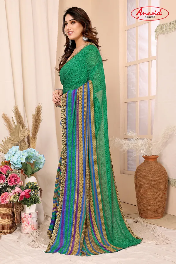Printed,_Paisley,_Striped_Bollywood_Georgette_Saree_(Green)