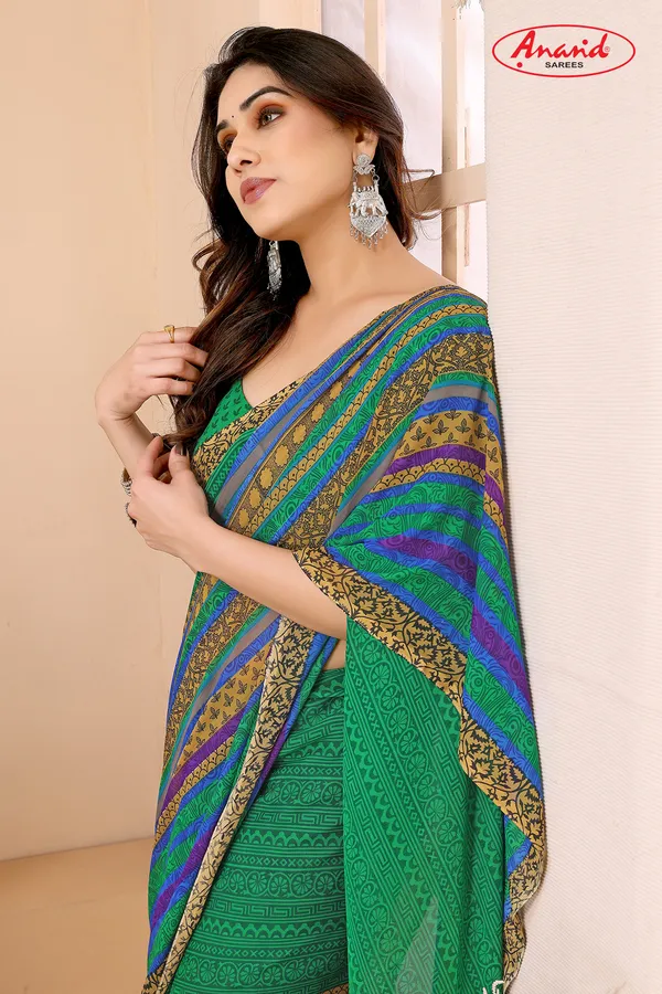 Printed,_Paisley,_Striped_Bollywood_Georgette_Saree_(Green)
