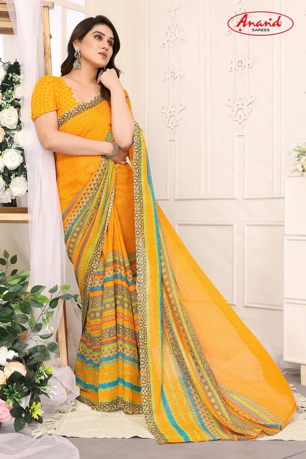 Printed,_Paisley,_Striped_Bollywood_Georgette_Saree_(Yellow)