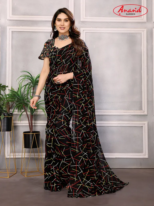 Striped,_Printed_Bollywood_Georgette_Saree_(Black)