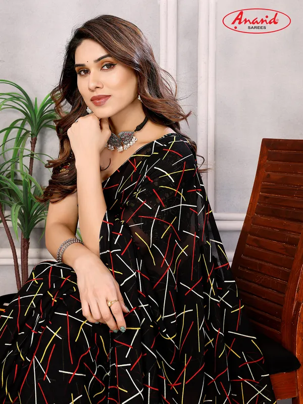 Striped,_Printed_Bollywood_Georgette_Saree_(Black)