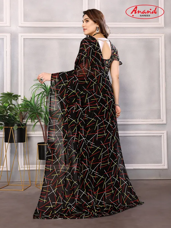 Striped,_Printed_Bollywood_Georgette_Saree_(Black)
